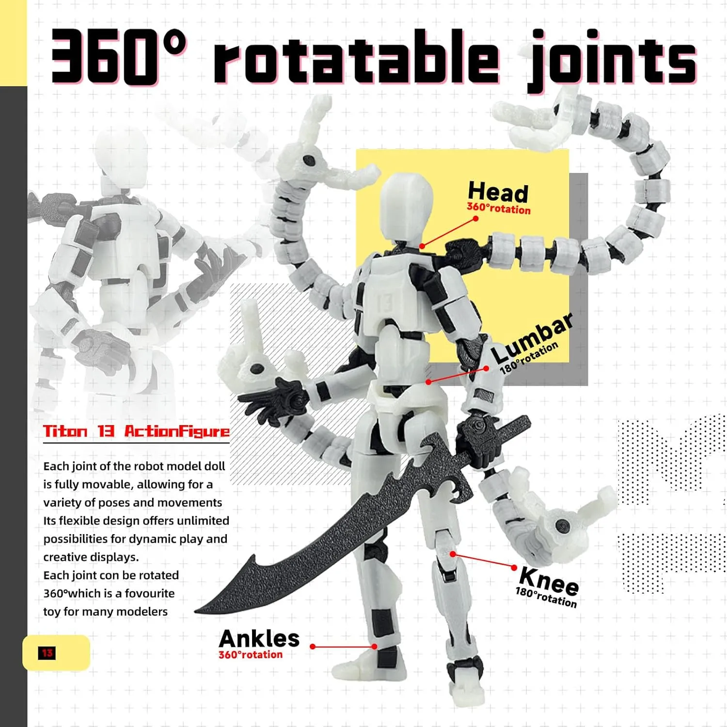 Assembly Completed T13 Action Figure 3D Printed Multi-Jointed Movable T 13 Lucky 13 Dummy 13 Nova 13 Robot 13 Action Figure Desktop Decorations for Game Lovers (Night Light, 7.2 Inch)