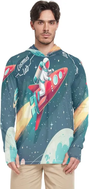 Astronaut Colorful Planets Mens Shirts UPF 50 , Cooling Shirt, Hooded Fishing Shirts for Men Long Sleeve