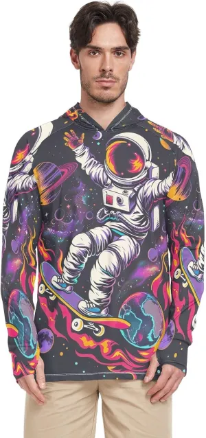 Astronaut Colorful Planets Mens Shirts UPF 50 , Cooling Shirt, Hooded Fishing Shirts for Men Long Sleeve