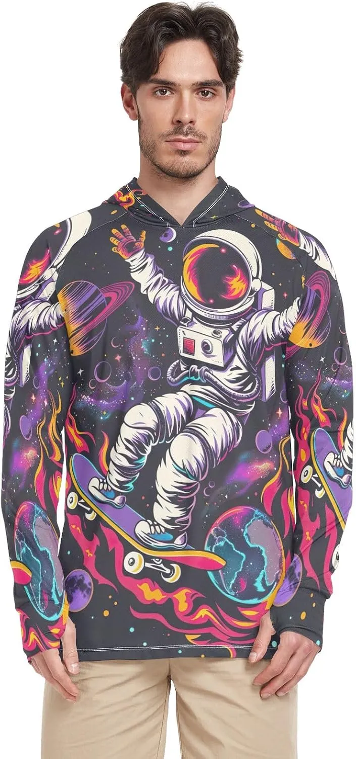 Astronaut Colorful Planets Mens Shirts UPF 50 , Cooling Shirt, Hooded Fishing Shirts for Men Long Sleeve
