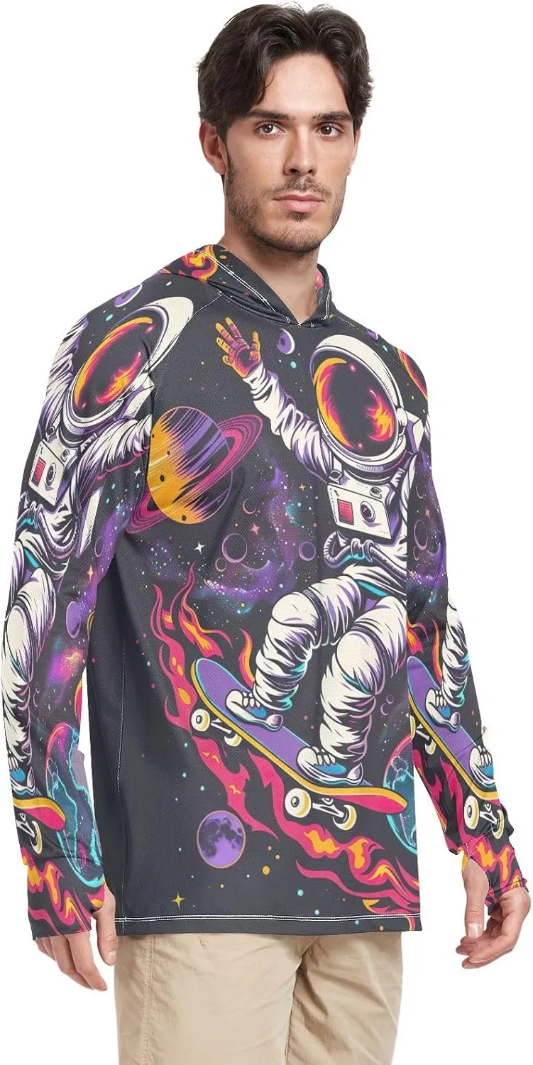 Astronaut Colorful Planets Mens Shirts UPF 50 , Cooling Shirt, Hooded Fishing Shirts for Men Long Sleeve