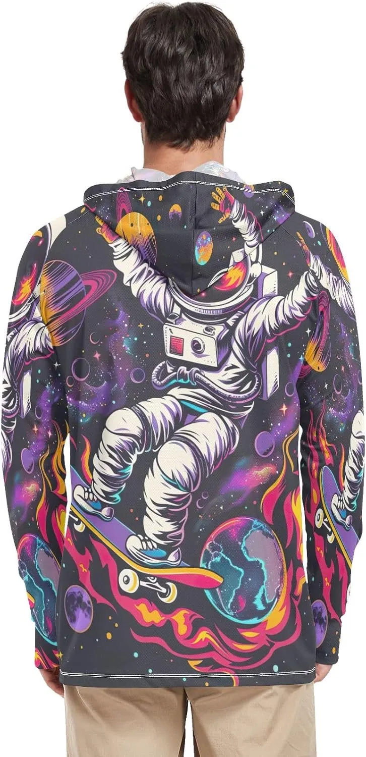 Astronaut Colorful Planets Mens Shirts UPF 50 , Cooling Shirt, Hooded Fishing Shirts for Men Long Sleeve