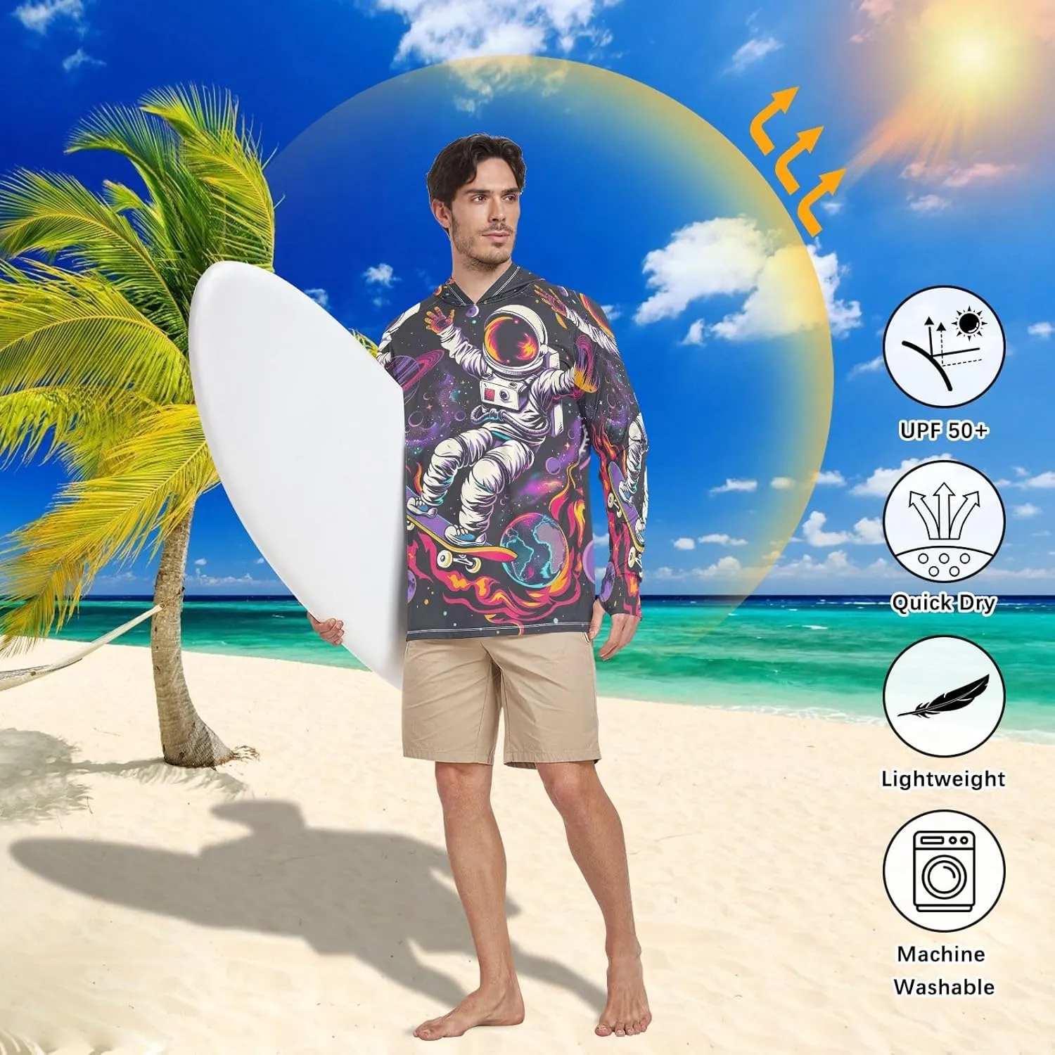 Astronaut Colorful Planets Mens Shirts UPF 50 , Cooling Shirt, Hooded Fishing Shirts for Men Long Sleeve