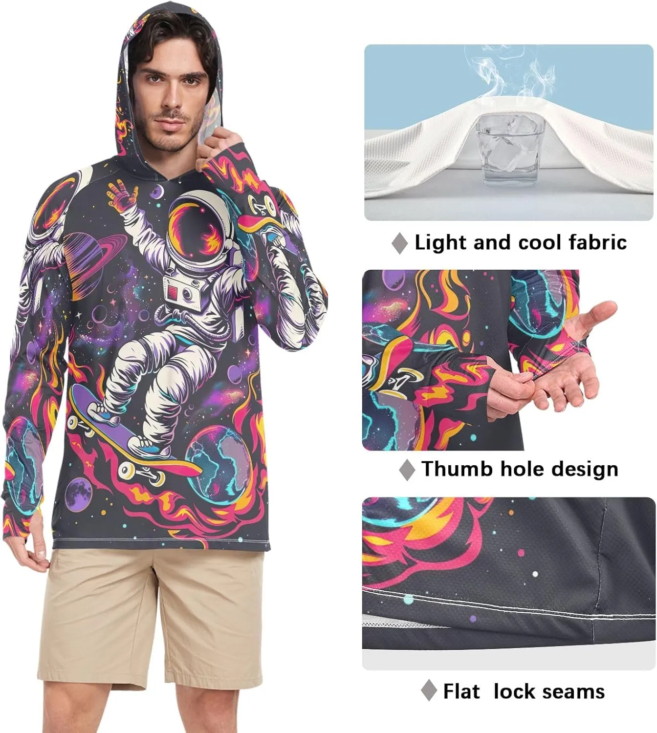 Astronaut Colorful Planets Mens Shirts UPF 50 , Cooling Shirt, Hooded Fishing Shirts for Men Long Sleeve