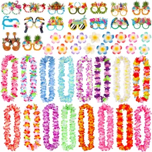 Atonofun 48 PCS Leis for Luau Party, Hawaiian Leis Bulk, Luau Party Glasses, Flowers Hair Clip Tropical Birthday Summer Beach Luau Party Favors Supplies