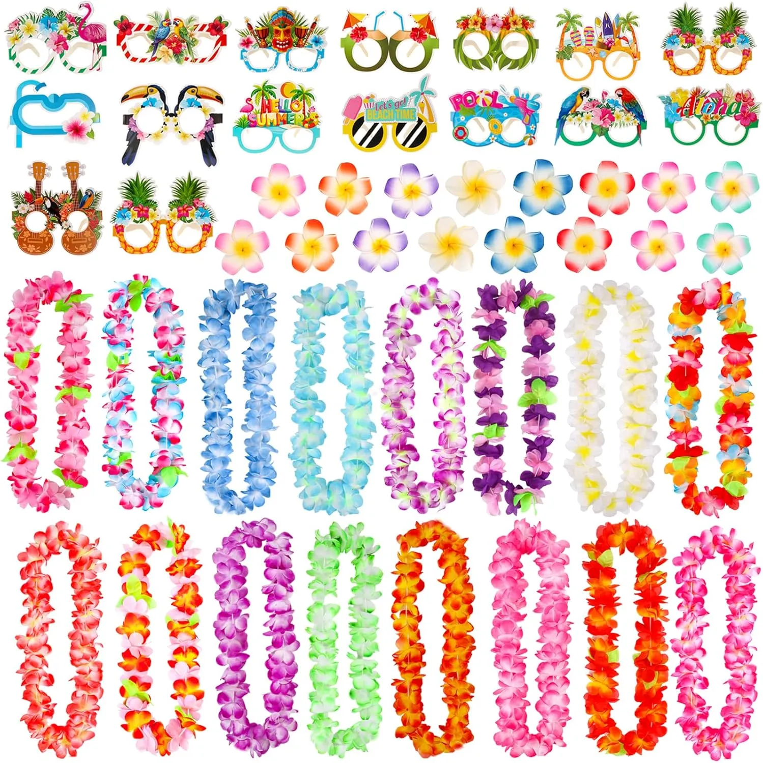 Atonofun 48 PCS Leis for Luau Party, Hawaiian Leis Bulk, Luau Party Glasses, Flowers Hair Clip Tropical Birthday Summer Beach Luau Party Favors Supplies