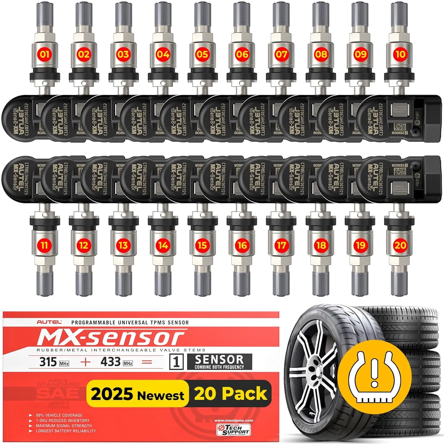 Autel MaxiTPMS MX Sensors 20 PCS: 2025 20 Pack Metal Stem 315/433MHz TPMS Sensors, Universal Tire Sensor Programmed by TPMS Tool TS408S TS508WF Kit MS906 Pro-TS MK808TS MS906TS MP900TS MK900TS