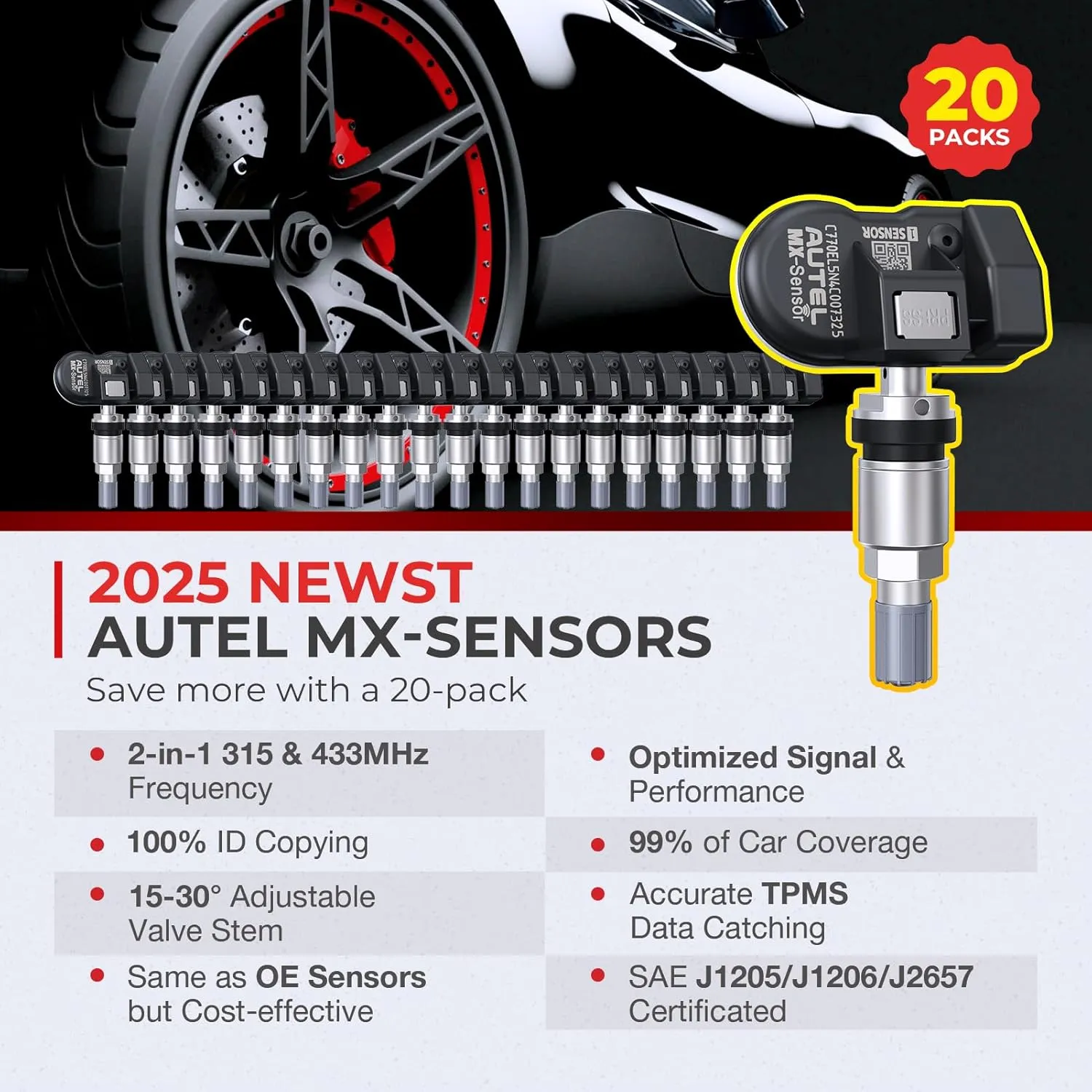 Autel MaxiTPMS MX Sensors 20 PCS: 2025 20 Pack Metal Stem 315/433MHz TPMS Sensors, Universal Tire Sensor Programmed by TPMS Tool TS408S TS508WF Kit MS906 Pro-TS MK808TS MS906TS MP900TS MK900TS
