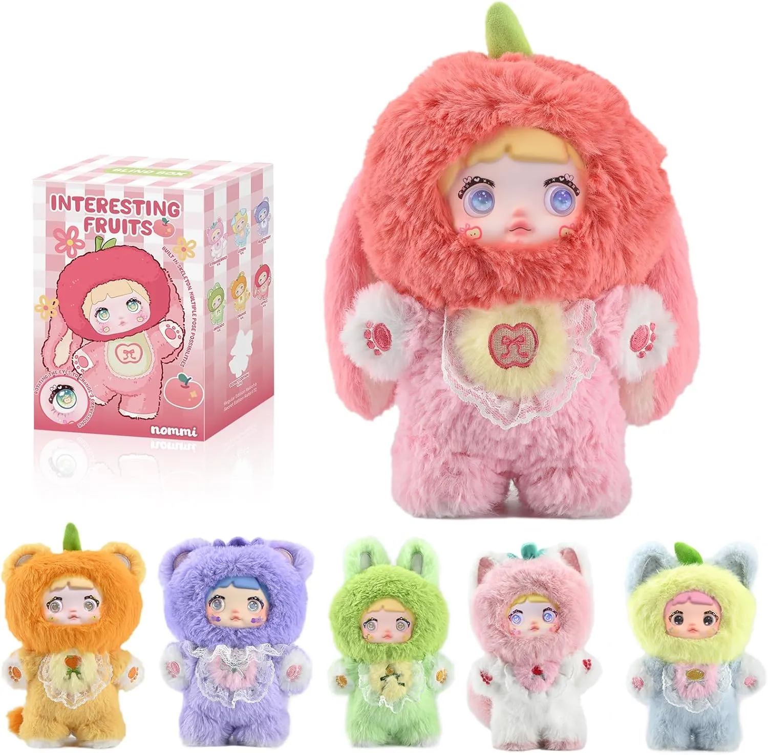 Authentic Nommi Blind Box Interesting Fruits Series Plush - 3 Expressions Adorable Mystery Plush Toys for Collectors - 7.1IN Random Surprise Doll with Unique Designs, 6PCS (No Repeat Doll)
