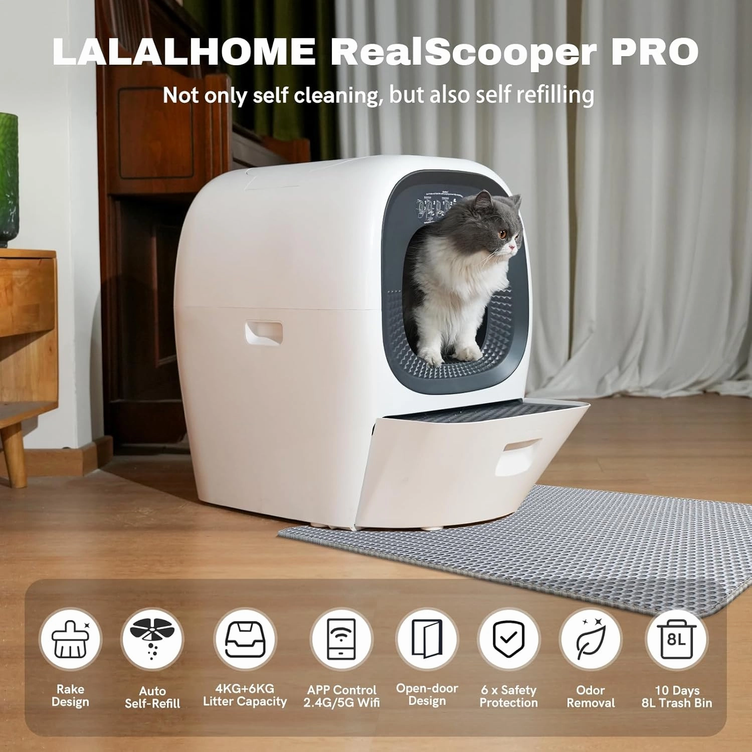 Automatic Self Cleaning Litter Box for Multiple Cats, Auto Litter Refill-Robot Cat Litter Scooping, Odor Control, Large 80L, 6x Anti-Pinch Safe Sensor, App Monitor 5G Wifi, Easy Clean Kitty Litter Box