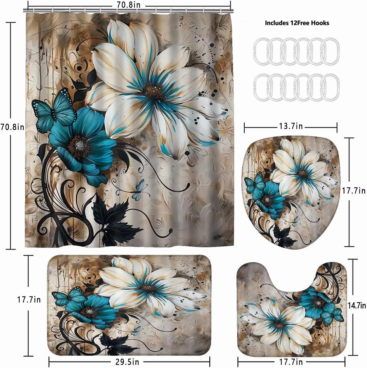 AZHM 4pcs White and Blue Artistic Painted Flowers Shower Curtain Set Floral and Butterfly Bathroom Sets with Rugs and Accessories