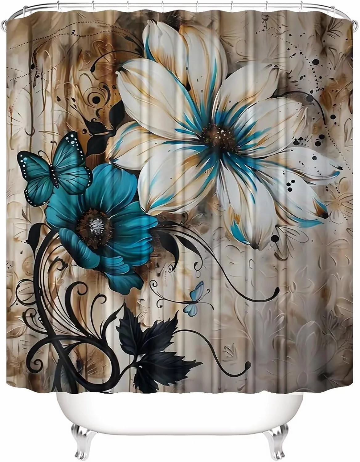 AZHM 4pcs White and Blue Artistic Painted Flowers Shower Curtain Set Floral and Butterfly Bathroom Sets with Rugs and Accessories