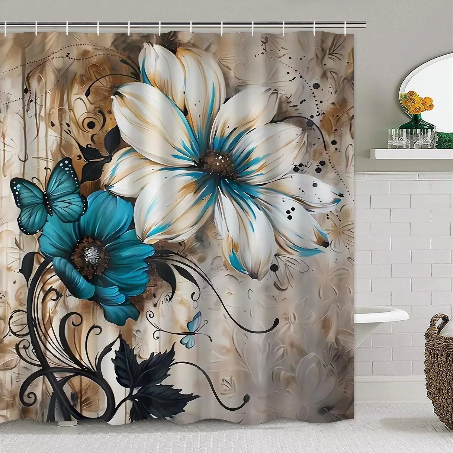AZHM 4pcs White and Blue Artistic Painted Flowers Shower Curtain Set Floral and Butterfly Bathroom Sets with Rugs and Accessories
