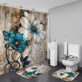 AZHM 4pcs White and Blue Artistic Painted Flowers Shower Curtain Set Floral and Butterfly Bathroom Sets with Rugs and Accessories