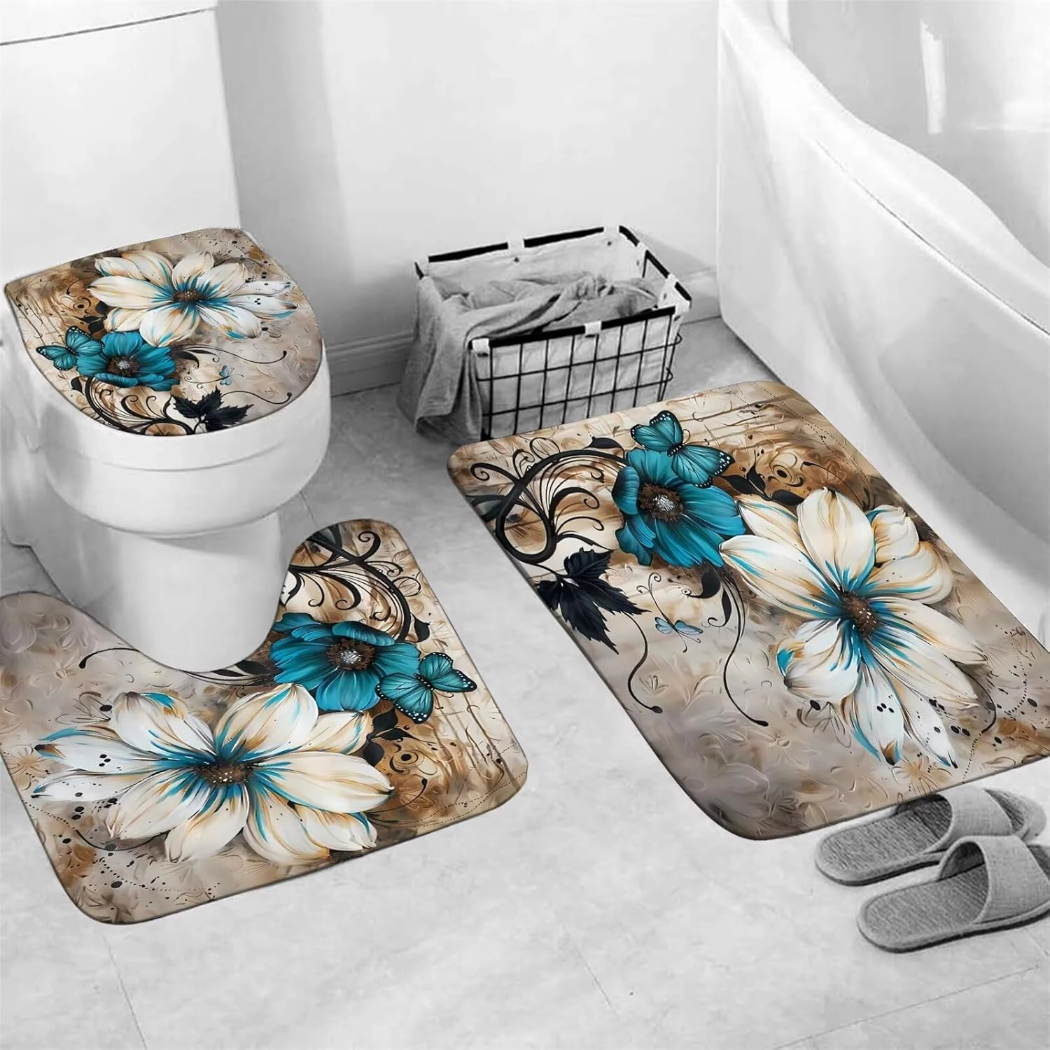 AZHM 4pcs White and Blue Artistic Painted Flowers Shower Curtain Set Floral and Butterfly Bathroom Sets with Rugs and Accessories