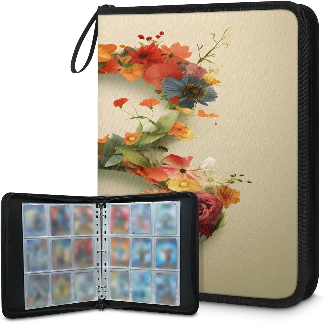 B Flower 3 Ring Trading Zipper Binder Strap, Trading Card Binder 4 Pocket, 400 Pockets Card Holder with 50 Removable Sleeves for Game Cards