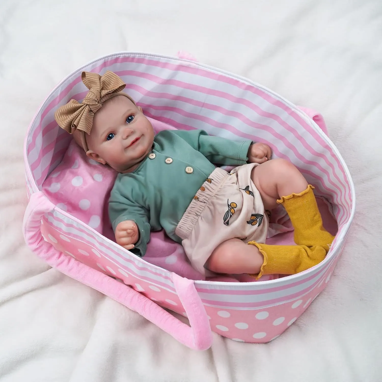 BABESIDE Maddy Reborn Baby Dolls with Bassinet, 20Inch Cute Soft Vinyl Realistic-Newborn Baby Doll Poseable Real Life Lifelike Baby Dolls w/Doll Accessories for 3  Year Old Girls