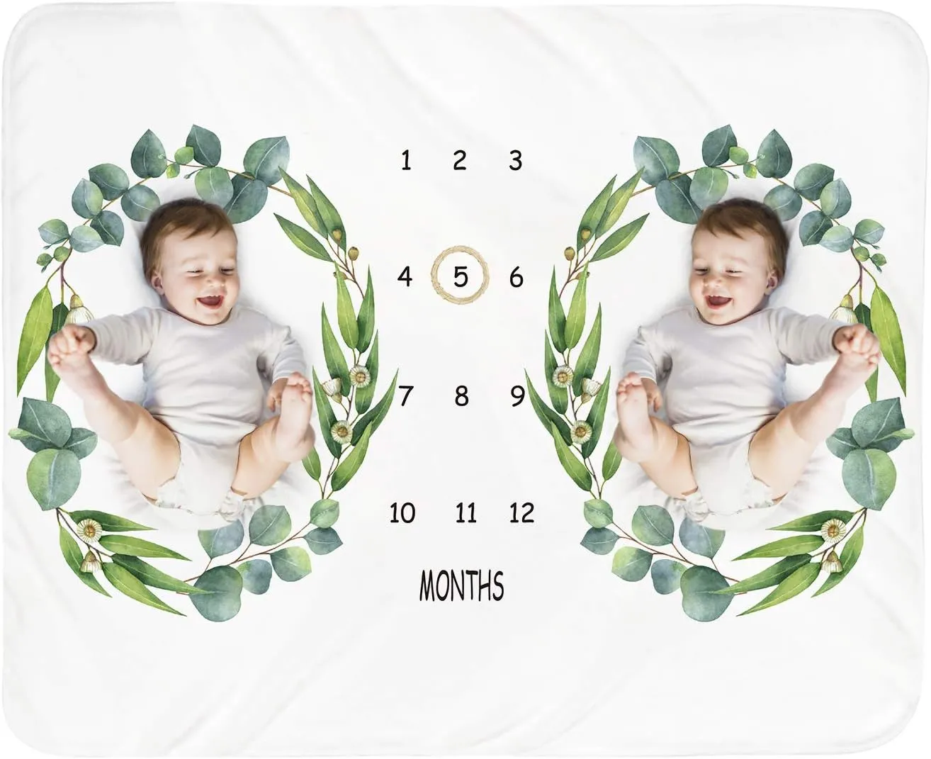 Baby Monthly Milestone Blanket Twins - Newborn Month Blanket Unisex Neutral Personalized Shower Gift Leaf Nursery Decor Photography Background Prop with Wooden Wreath Large 51''x40''