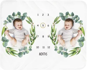 Baby Monthly Milestone Blanket Twins - Newborn Month Blanket Unisex Neutral Personalized Shower Gift Leaf Nursery Decor Photography Background Prop with Wooden Wreath Large 51''x40''