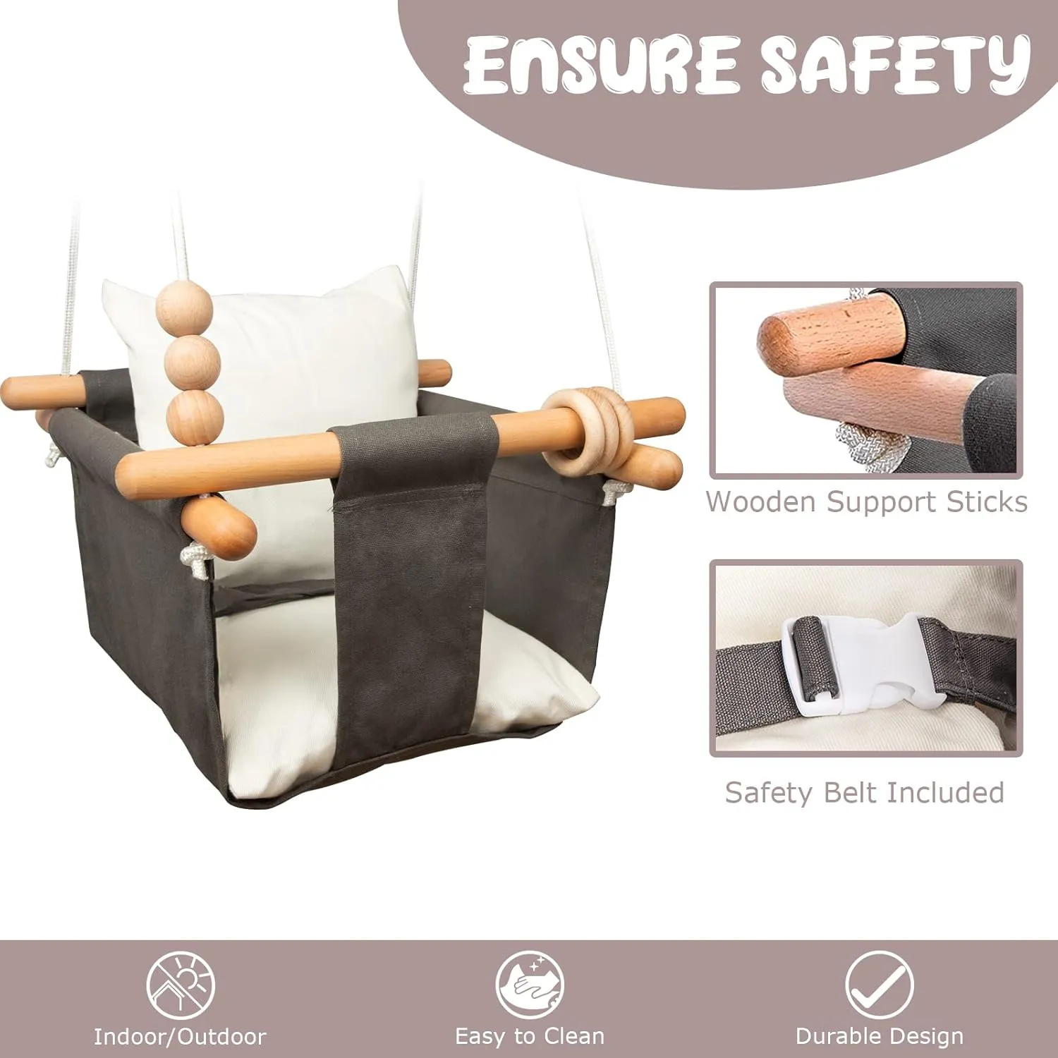 Baby Swing Outdoor Indoor Toddler Swing Seat with Safety Belt, Canvas Hanging Swings Outside Tree Swing Great Gift for Baby Boys Girls Kids Lovers