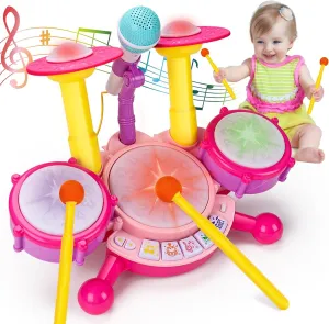 Baby Toys 6-12 12-18 Months Musical Drum Set Toy with 2 Sticks Microphone Pink Toy for 1 2 Year Old Girl Music Instrument Learning Toddlers 0-2 1-3 3-5 Easter Gift for One Year Old Girls