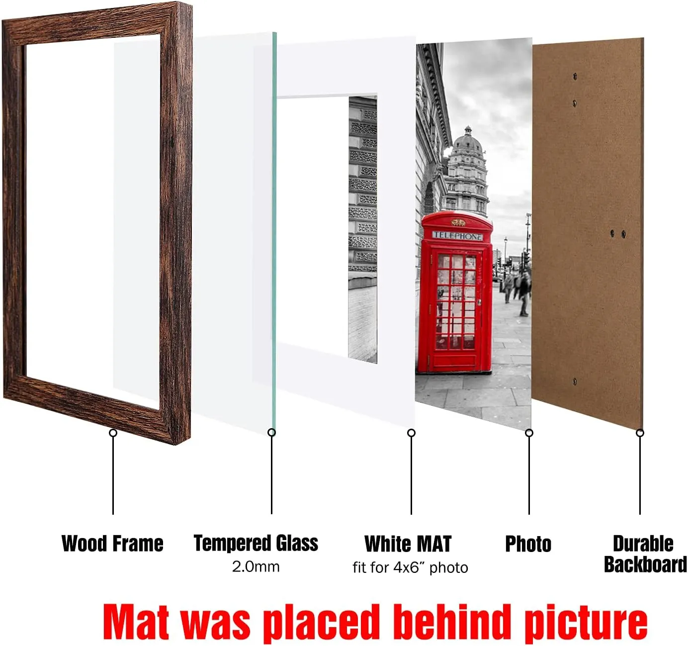 BAIJIALI 5x7 Picture Frame Distressed Farmhouse Wood Pattern Set of 4 with Tempered Glass,Display 4x6 with Mat or 5x7 Without Mat,Multicolour