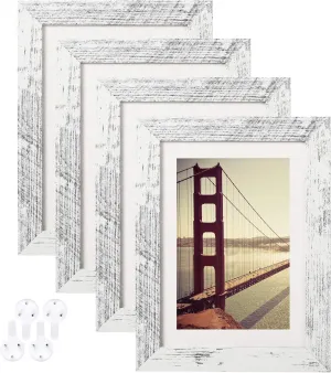 BAIJIALI 5x7 Picture Frame Distressed White Wood Pattern Set of 4 with Tempered Glass,Display Pictures 4x6 with Mat or 5x7 Without Mat, Horizontal and Vertical Formats for Wall and Table Mounting