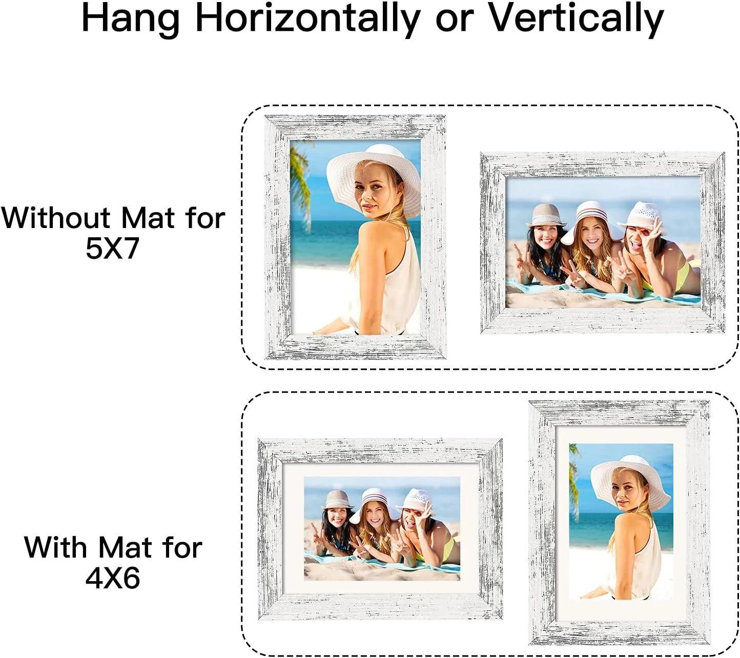 BAIJIALI 5x7 Picture Frame Distressed White Wood Pattern Set of 4 with Tempered Glass,Display Pictures 4x6 with Mat or 5x7 Without Mat, Horizontal and Vertical Formats for Wall and Table Mounting