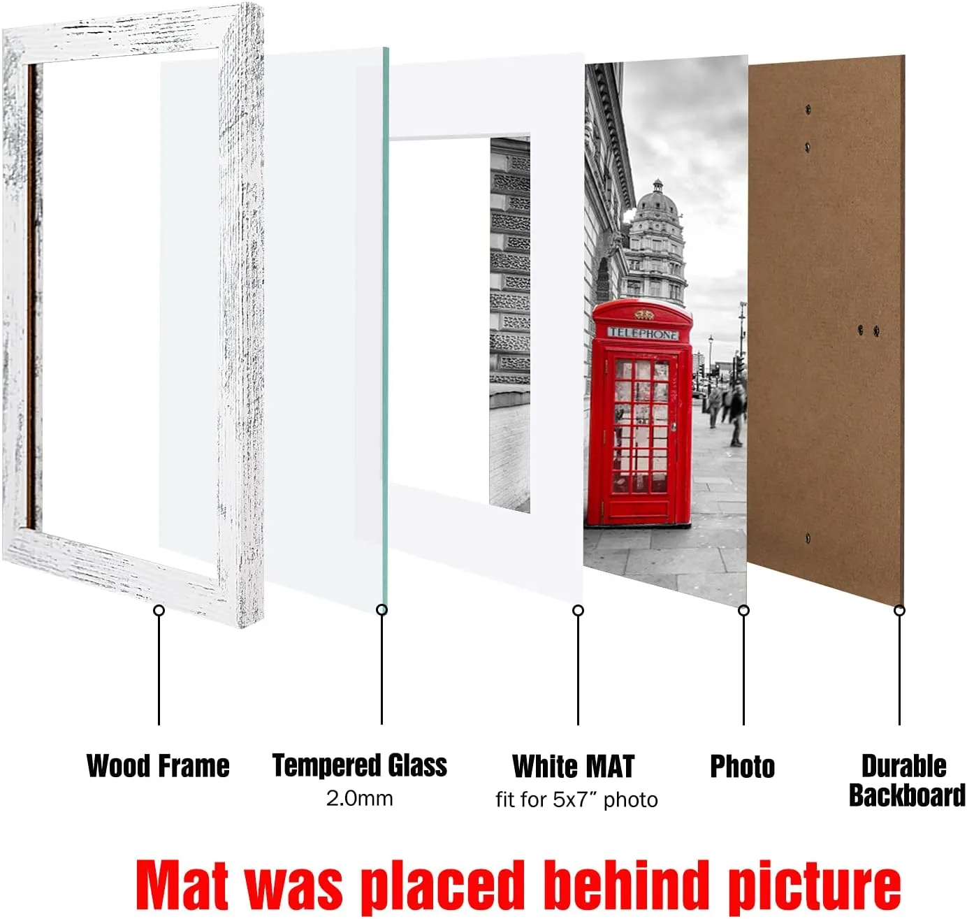BAIJIALI 5x7 Picture Frame Distressed White Wood Pattern Set of 4 with Tempered Glass,Display Pictures 4x6 with Mat or 5x7 Without Mat, Horizontal and Vertical Formats for Wall and Table Mounting