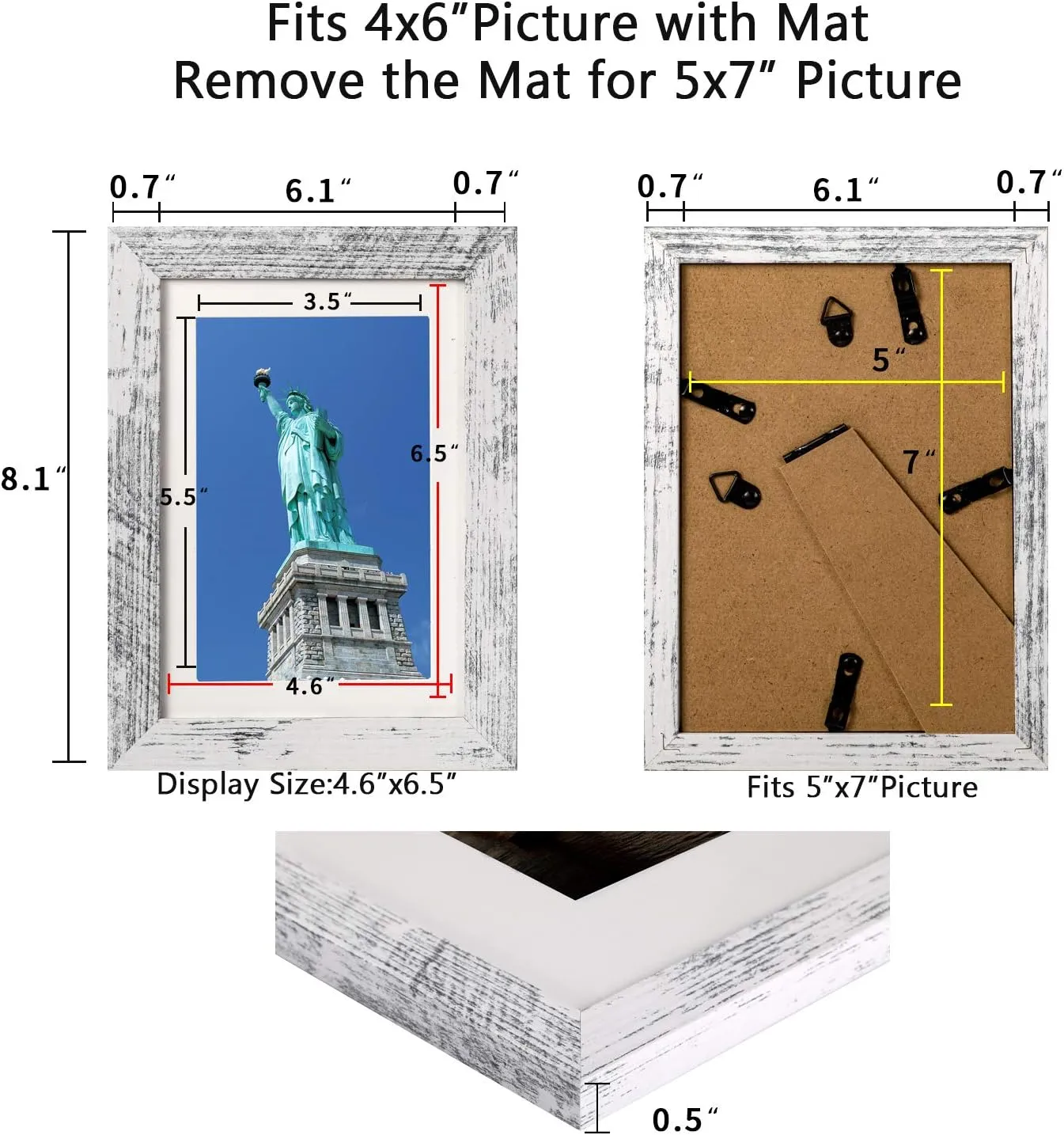BAIJIALI 5x7 Picture Frame Distressed White Wood Pattern Set of 4 with Tempered Glass,Display Pictures 4x6 with Mat or 5x7 Without Mat, Horizontal and Vertical Formats for Wall and Table Mounting