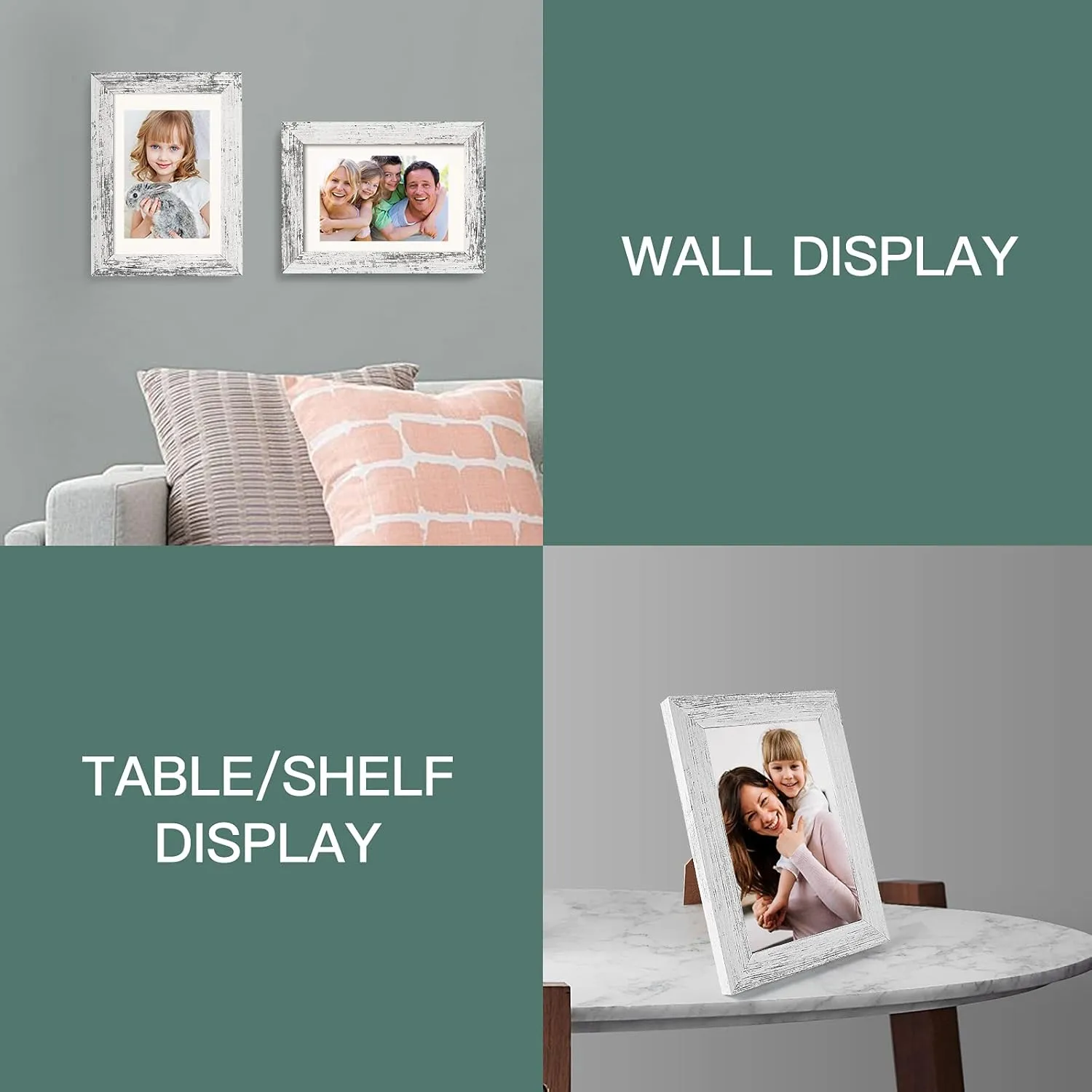 BAIJIALI 5x7 Picture Frame Distressed White Wood Pattern Set of 4 with Tempered Glass,Display Pictures 4x6 with Mat or 5x7 Without Mat, Horizontal and Vertical Formats for Wall and Table Mounting