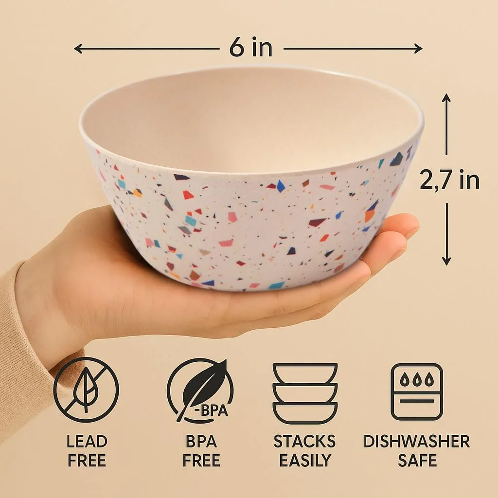 Bamboo Bowl Set of 4 – 6 Inch 20 oz Durable Deep Cereal and Snack Dishware for Kids and Toddlers – BPA Free, Dishwasher Safe, Lightweight Alternative to Plastic or Ceramic (Confetti Design)