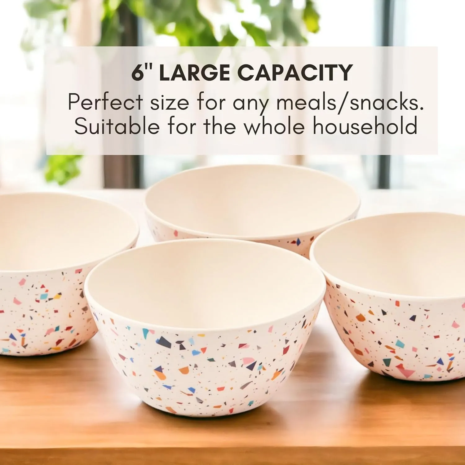 Bamboo Bowl Set of 4 – 6 Inch 20 oz Durable Deep Cereal and Snack Dishware for Kids and Toddlers – BPA Free, Dishwasher Safe, Lightweight Alternative to Plastic or Ceramic (Confetti Design)