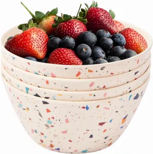 Bamboo Bowl Set of 4 – 6 Inch 20 oz Durable Deep Cereal and Snack Dishware for Kids and Toddlers – BPA Free, Dishwasher Safe, Lightweight Alternative to Plastic or Ceramic (Confetti Design)
