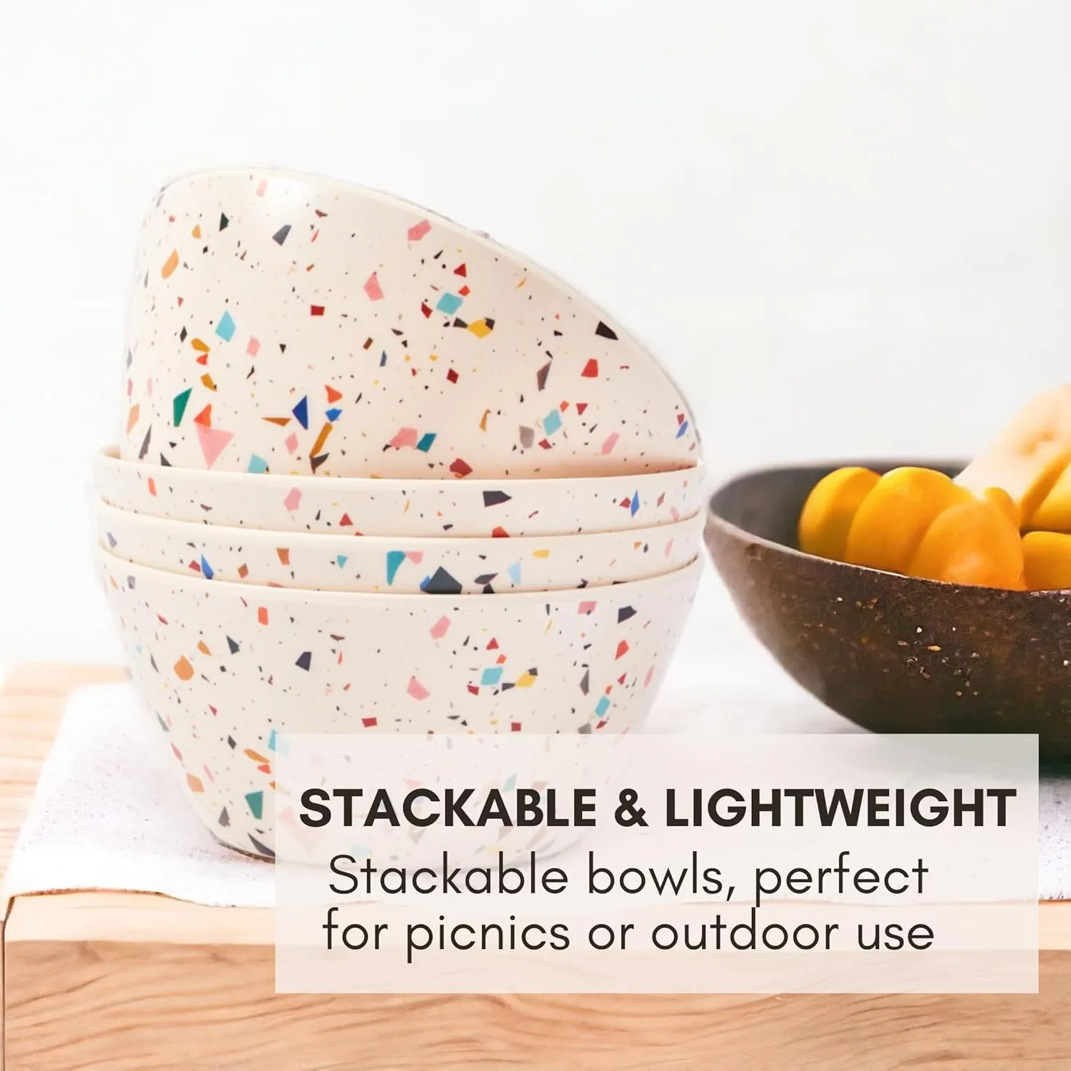 Bamboo Bowl Set of 4 – 6 Inch 20 oz Durable Deep Cereal and Snack Dishware for Kids and Toddlers – BPA Free, Dishwasher Safe, Lightweight Alternative to Plastic or Ceramic (Confetti Design)