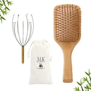 Bamboo Hair Brush & Scalp Massager Set – Eco-Friendly Wooden Hairbrush for Hair Growth, Relaxation & Detangling – Natural Bristles – Gift for Women & Men