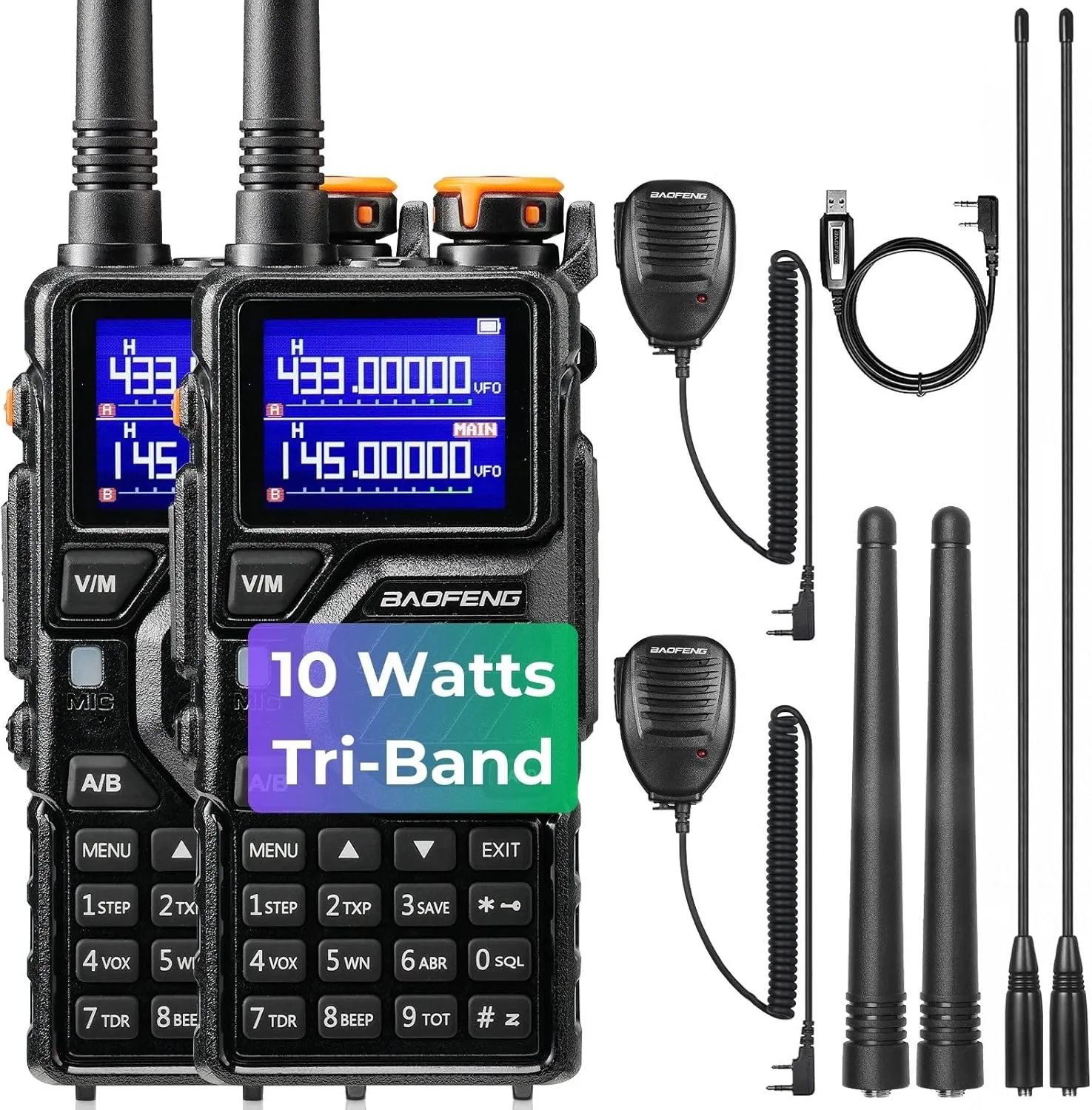 BAOFENG K5PLUS 10W Tri-Band Ham Radio Handheld, Long Range Walkie Talkies UHF VHF 1.25M Two Way Radio with FM Airband NOAA, 2500mAh Battery   USB-C Port, Speaker Mic, 999CH, Scramble, 2Packs
