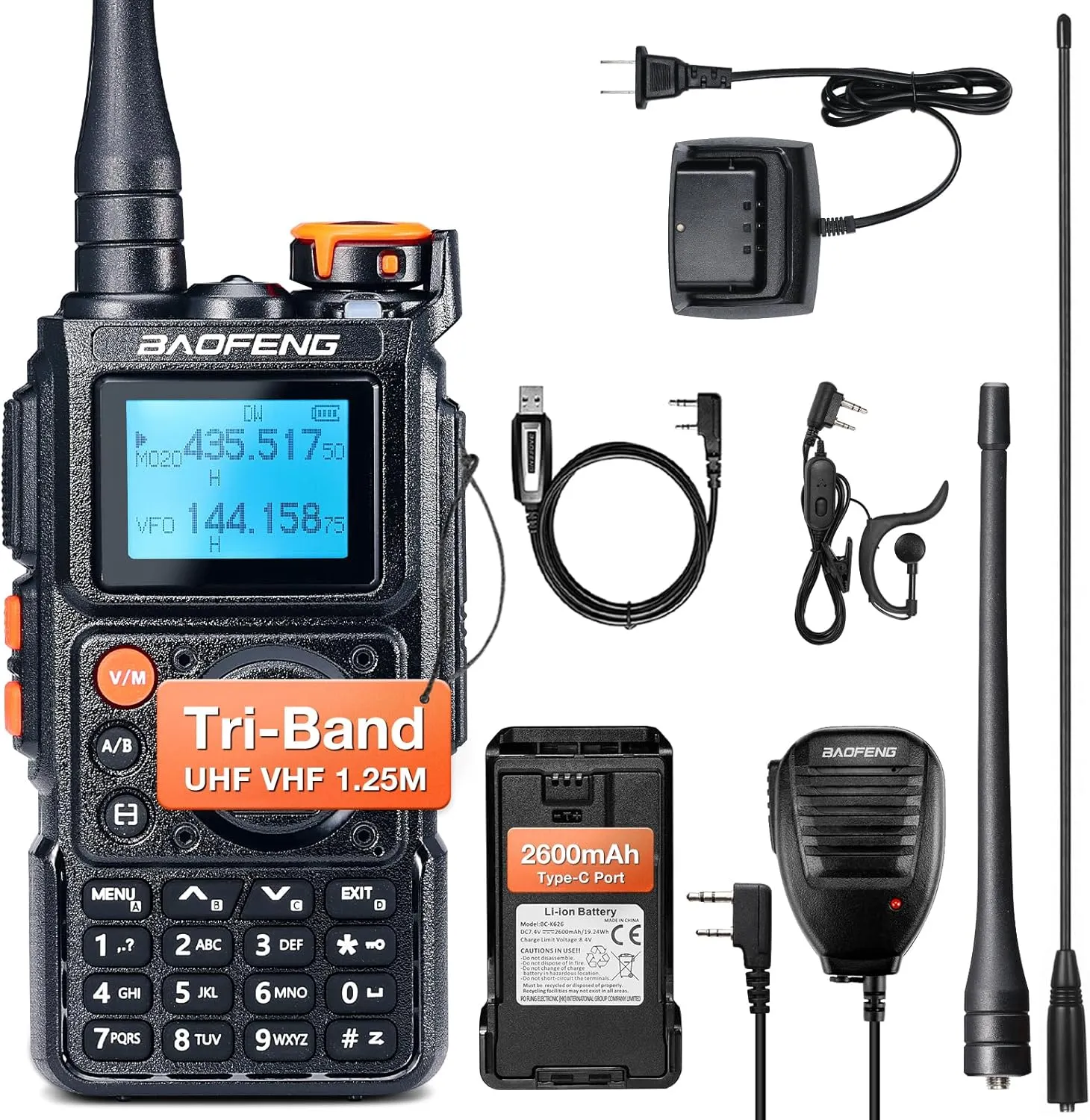 BAOFENG K6 Tri-Band Handheld Ham Radio Full Kit, 5W Two Way Radio, UHF/VHF/1.25M/NOAA/FM/Air Receiver, 2600mAh Battery Type-C Charging, 999CH, Speaker Mic, Programming Cable, Chirp Compatible