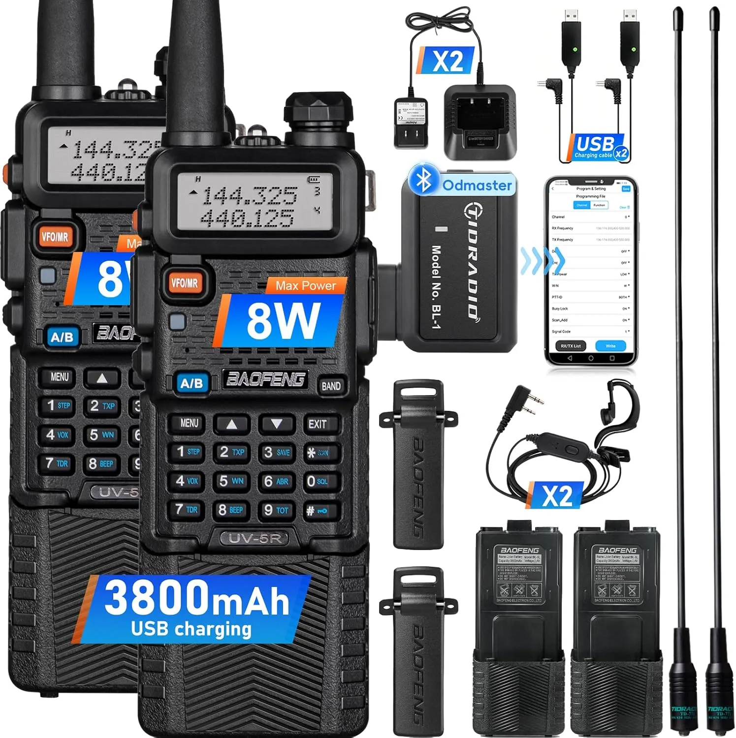 Baofeng UV-5R Ham Handheld Radio, 3800mAh Baateeries 8 Watt with TIDRADIO Wireless Programmer Long Range Rapid Two Way Radios Walkie Talkies Dual Band USB Rechargerable 3800mAh Battery Earpiece 2 Pack