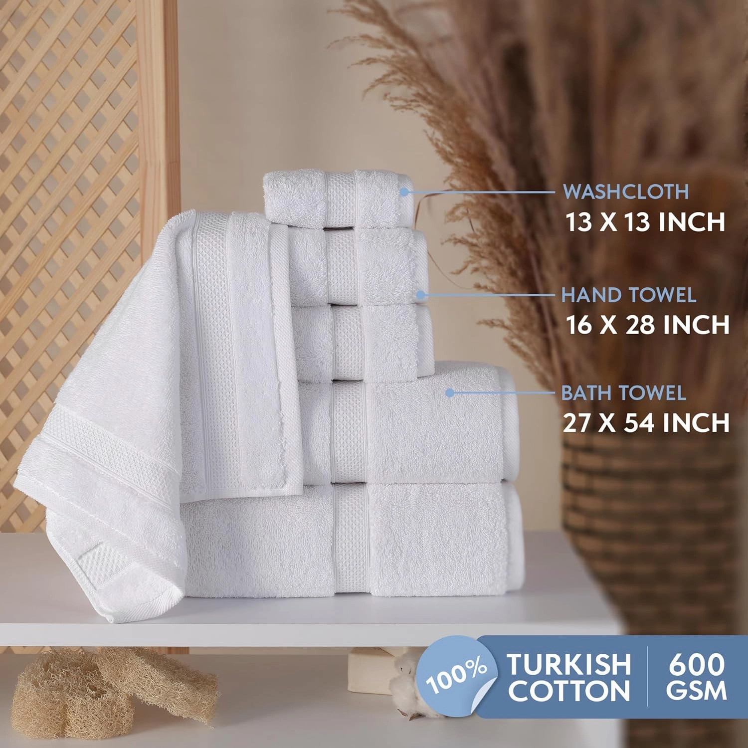 Bath Towels 100% Turkish Cotton Towels for Bathroom Set of 6 - Soft & Absorbent Bathroom Towel Set, 2 Bath Towels, 2 Hand Towels, 2 Washcloths, Quick Dry Towels, Premium Bathroom Essentials (White)