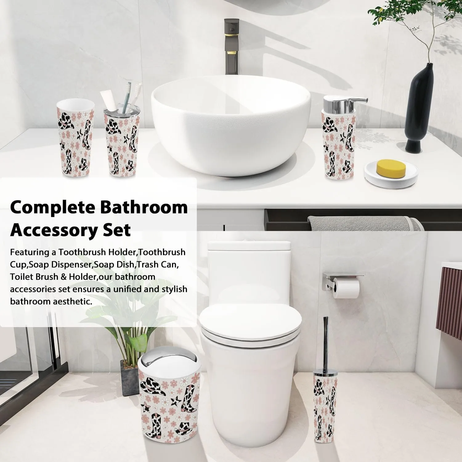 Bathroom Accessory Set 6 Piece Boho Howdy Cowboy Accessories Cow Spots ornated hat Boot Seamless Trash Can, Toothbrush Holder, Soap Dispenser, Soap Dish, Toothbrush Cup, Toilet Brush Holder