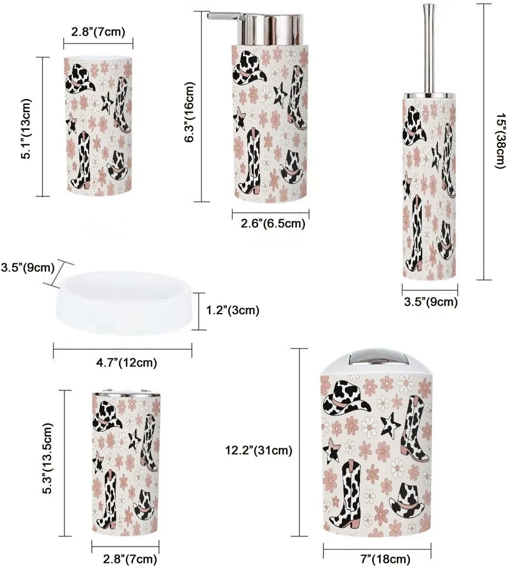 Bathroom Accessory Set 6 Piece Boho Howdy Cowboy Accessories Cow Spots ornated hat Boot Seamless Trash Can, Toothbrush Holder, Soap Dispenser, Soap Dish, Toothbrush Cup, Toilet Brush Holder
