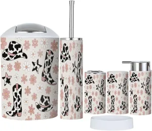 Bathroom Accessory Set 6 Piece Boho Howdy Cowboy Accessories Cow Spots ornated hat Boot Seamless Trash Can, Toothbrush Holder, Soap Dispenser, Soap Dish, Toothbrush Cup, Toilet Brush Holder