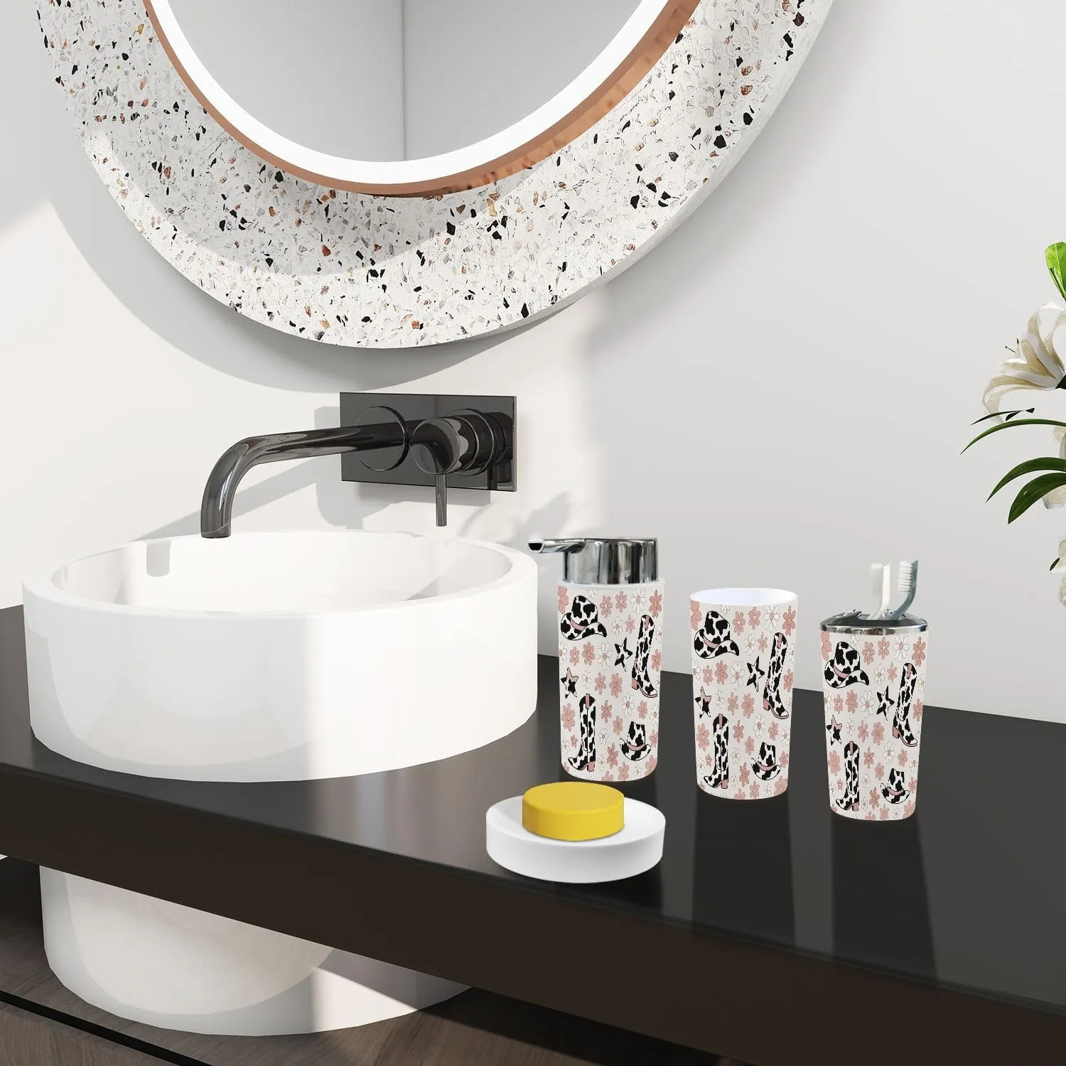 Bathroom Accessory Set 6 Piece Boho Howdy Cowboy Accessories Cow Spots ornated hat Boot Seamless Trash Can, Toothbrush Holder, Soap Dispenser, Soap Dish, Toothbrush Cup, Toilet Brush Holder