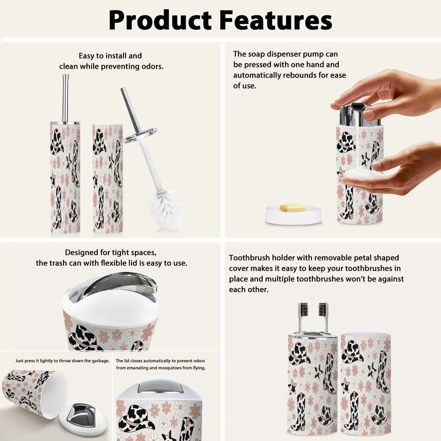 Bathroom Accessory Set 6 Piece Boho Howdy Cowboy Accessories Cow Spots ornated hat Boot Seamless Trash Can, Toothbrush Holder, Soap Dispenser, Soap Dish, Toothbrush Cup, Toilet Brush Holder