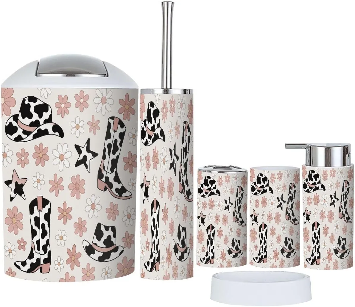 Bathroom Accessory Set 6 Piece Boho Howdy Cowboy Accessories Cow Spots ornated hat Boot Seamless Trash Can, Toothbrush Holder, Soap Dispenser, Soap Dish, Toothbrush Cup, Toilet Brush Holder
