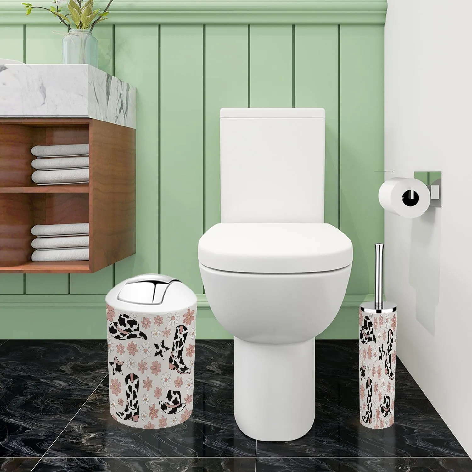 Bathroom Accessory Set 6 Piece Boho Howdy Cowboy Accessories Cow Spots ornated hat Boot Seamless Trash Can, Toothbrush Holder, Soap Dispenser, Soap Dish, Toothbrush Cup, Toilet Brush Holder