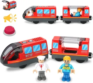 Battery Operated Train Set for Wooden Train Track (w/sound & Magnetic Connection), Powerful Engine Action Locomotive Train Set Fits Brio, Thomas, Chuggington Wooden Tracks, Train Toys for Toddlers 3Y 