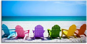Beach Canvas Wall Art for Living Room, PIY Blue Sea with Colorful Chairs Picture Prints Decor, Relax Leisure Time Home Decorations (Waterproof, Bracket Mounted Ready Hanging, 24x48 Large)