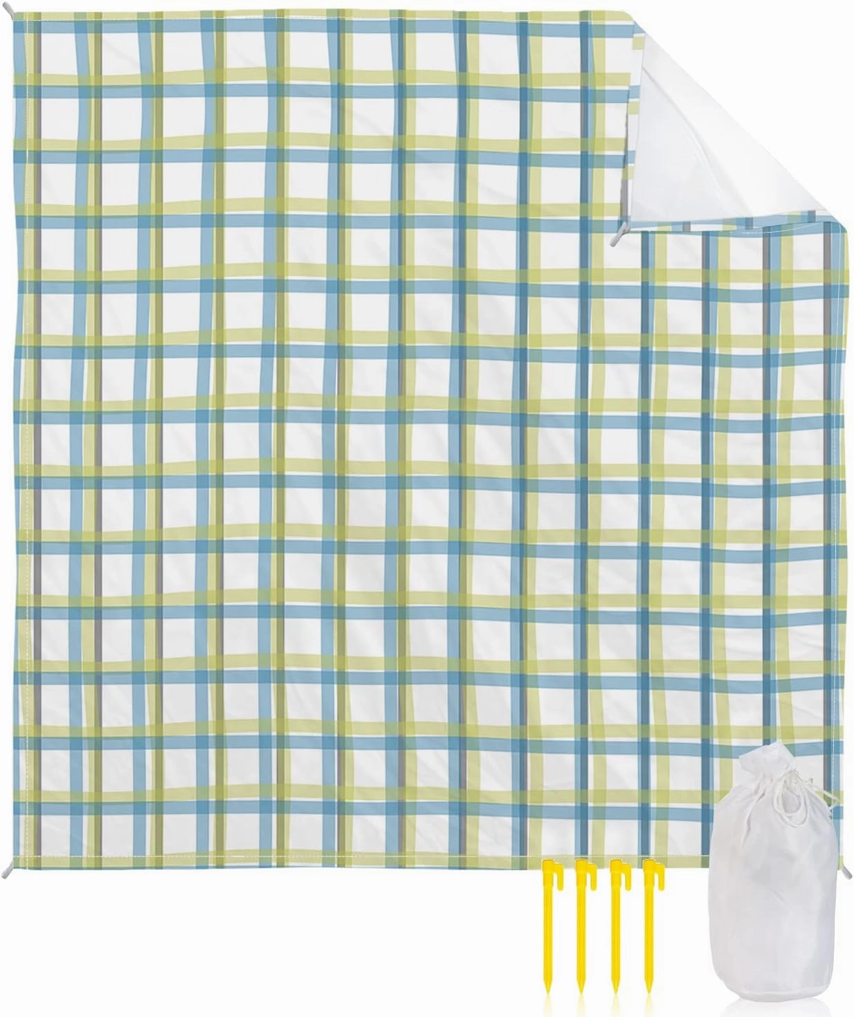 Beach Blanket Sandproof, Hand Painted Abstract Yellow Green Gird Waterproof Beach Mat Lightweight Quick Drying Picnic Blanket Beach Essentials for Travel Camping Hiking 95x80in